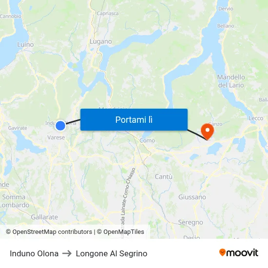 Induno Olona to Longone Al Segrino map