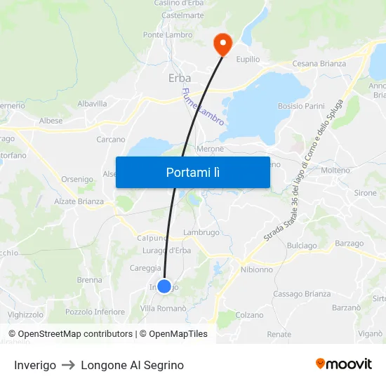 Inverigo to Longone Al Segrino map
