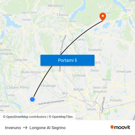 Inveruno to Longone Al Segrino map