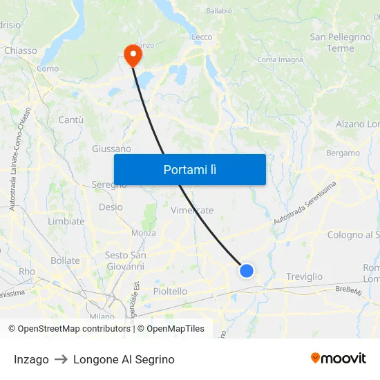 Inzago to Longone Al Segrino map