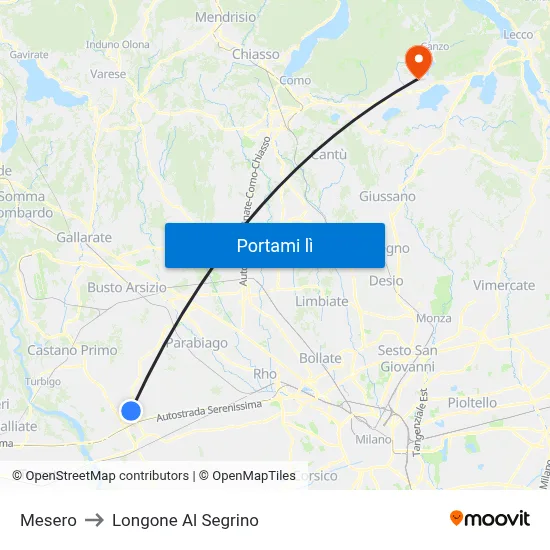 Mesero to Longone Al Segrino map