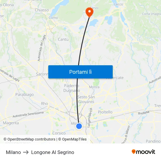Milano to Longone Al Segrino map