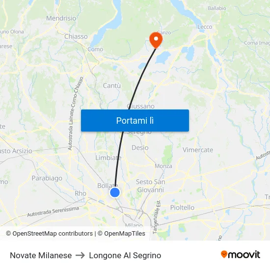 Novate Milanese to Longone Al Segrino map