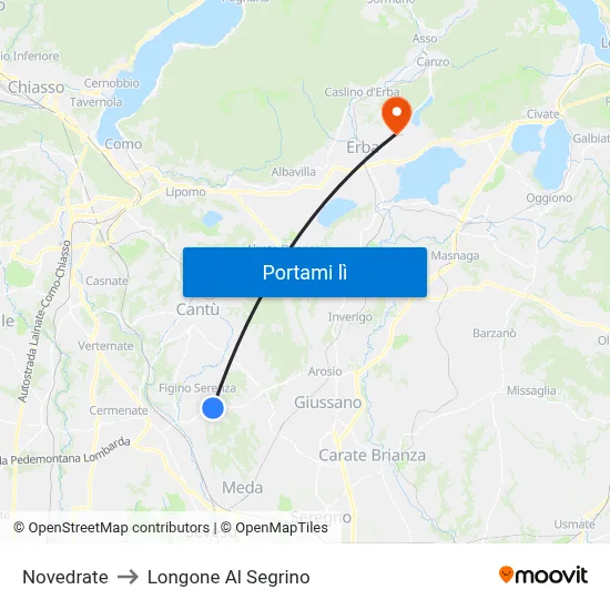 Novedrate to Longone Al Segrino map