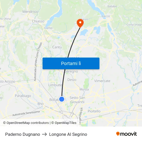 Paderno Dugnano to Longone Al Segrino map