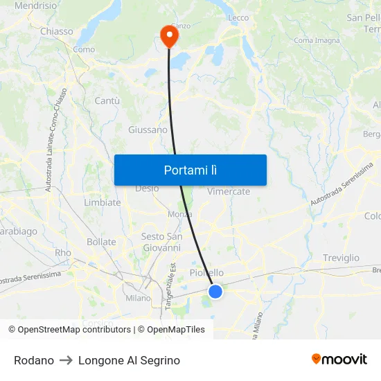 Rodano to Longone Al Segrino map