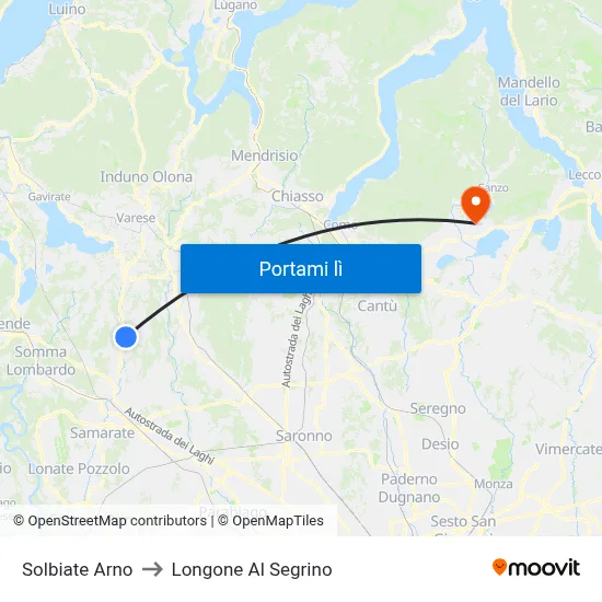 Solbiate Arno to Longone Al Segrino map