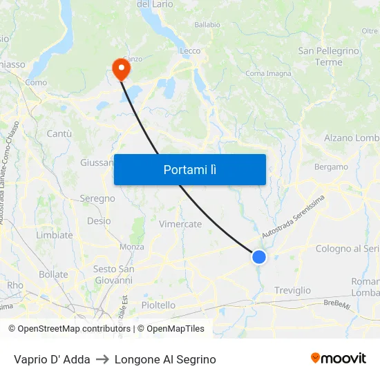 Vaprio D' Adda to Longone Al Segrino map