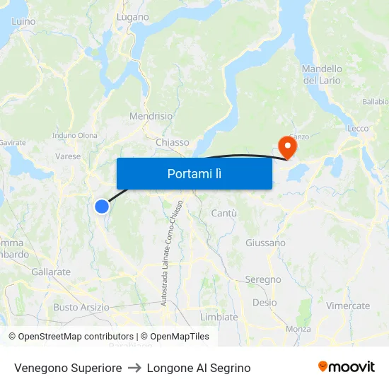 Venegono Superiore to Longone Al Segrino map