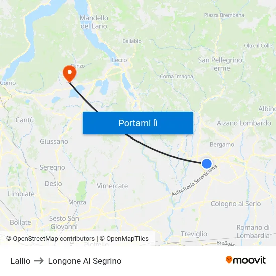 Lallio to Longone Al Segrino map