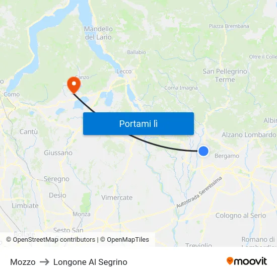 Mozzo to Longone Al Segrino map