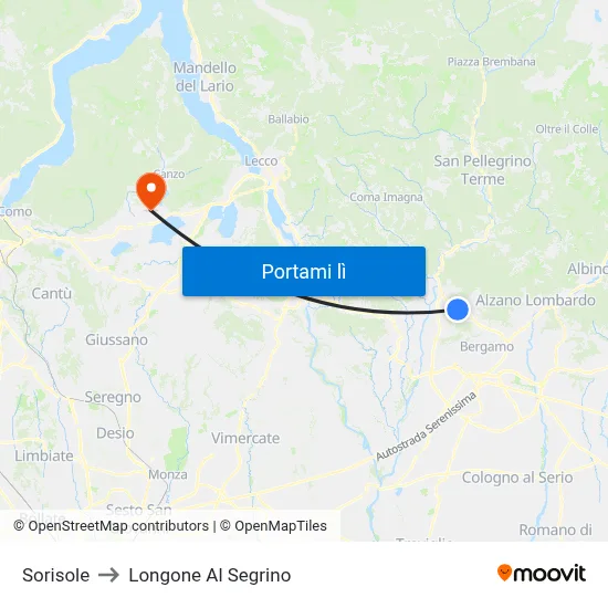 Sorisole to Longone Al Segrino map