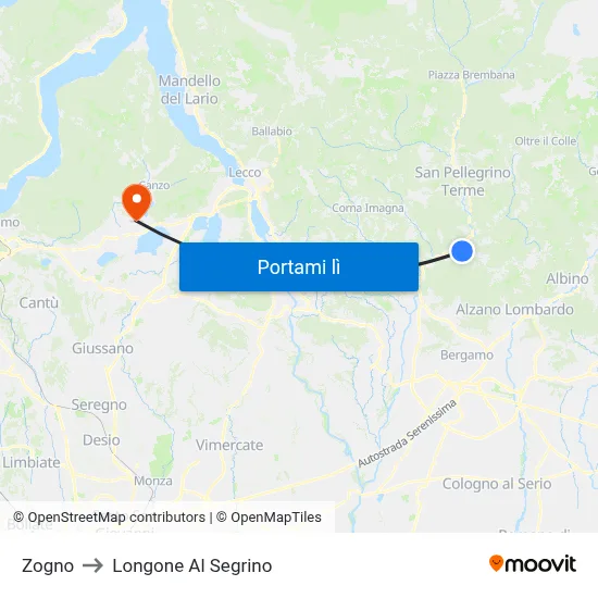 Zogno to Longone Al Segrino map
