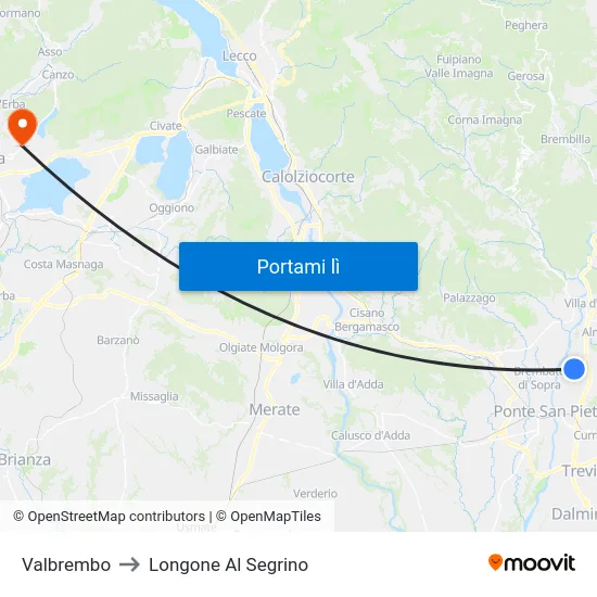 Valbrembo to Longone Al Segrino map