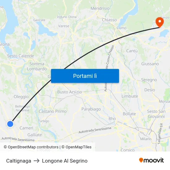 Caltignaga to Longone Al Segrino map