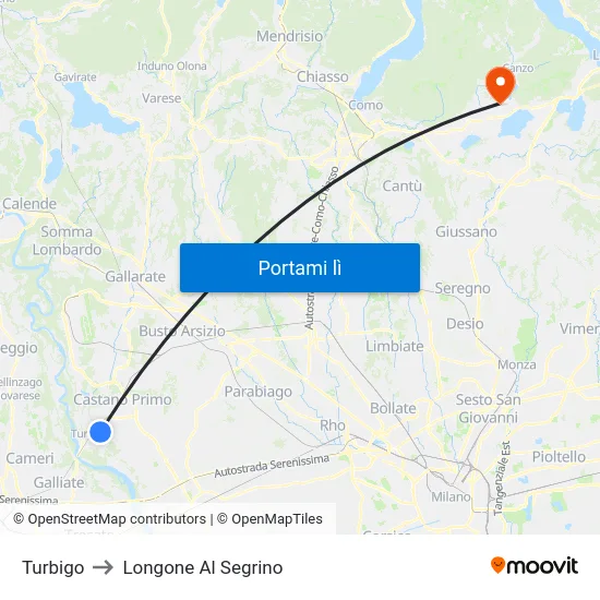 Turbigo to Longone Al Segrino map