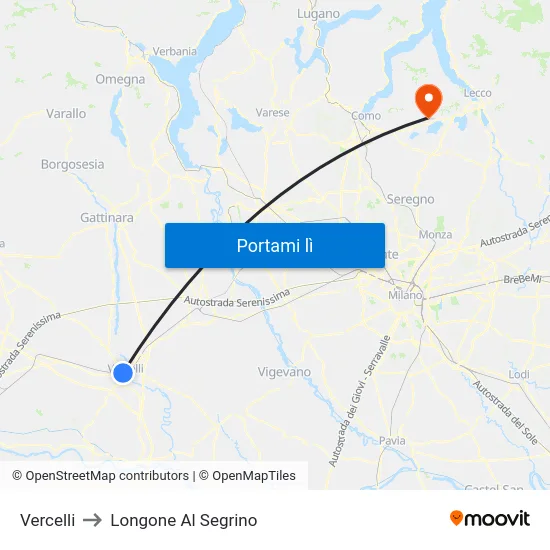 Vercelli to Longone Al Segrino map