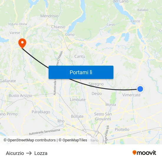 Aicurzio to Lozza map