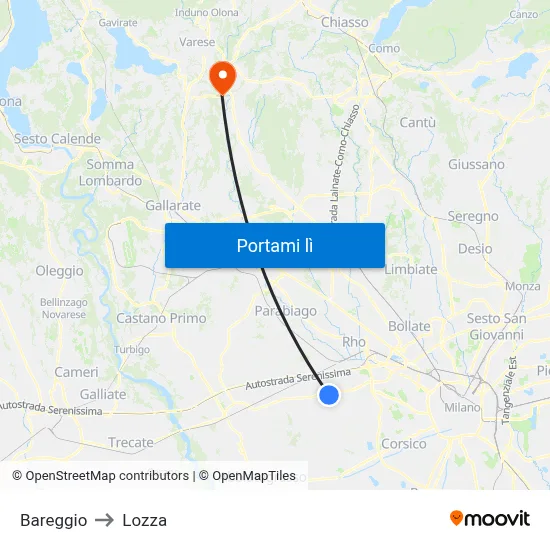 Bareggio to Lozza map