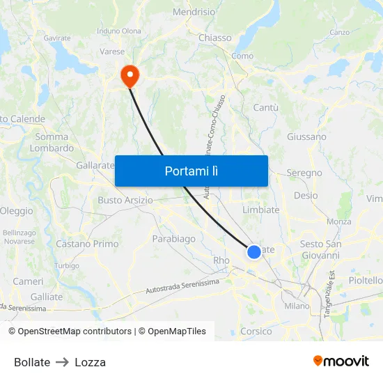 Bollate to Lozza map