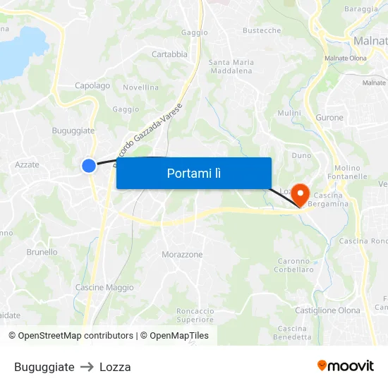 Buguggiate to Lozza map