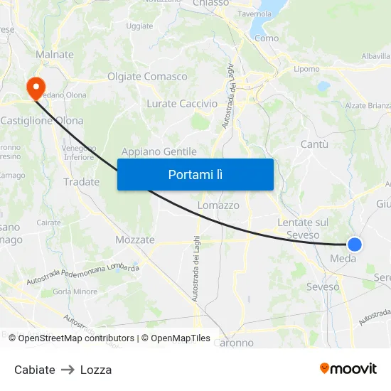 Cabiate to Lozza map