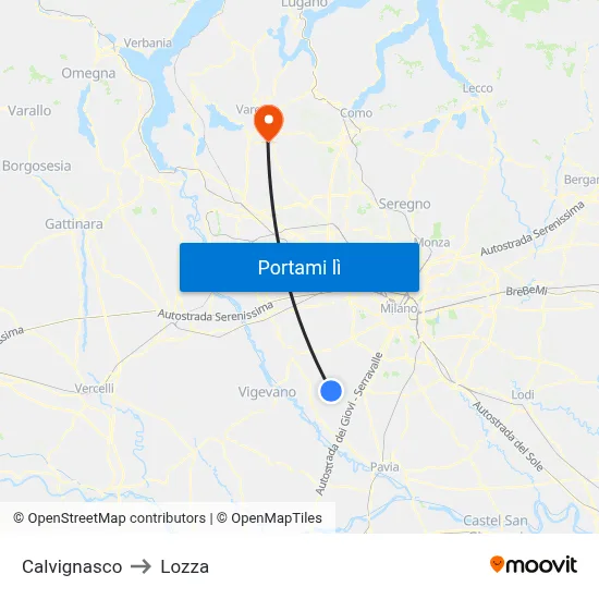 Calvignasco to Lozza map