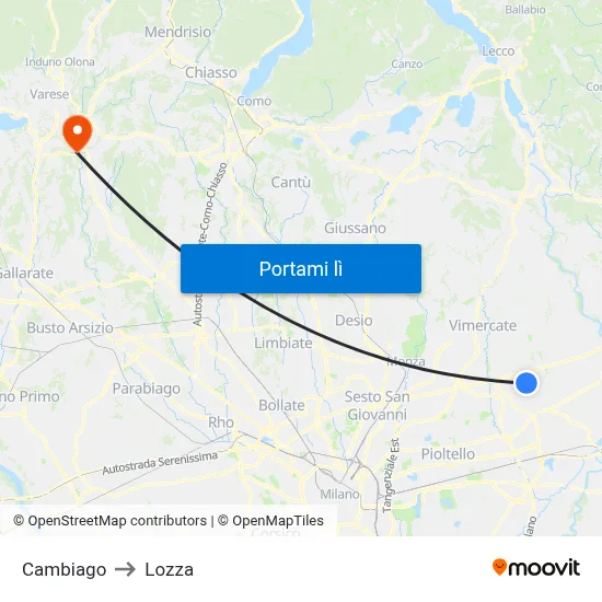 Cambiago to Lozza map