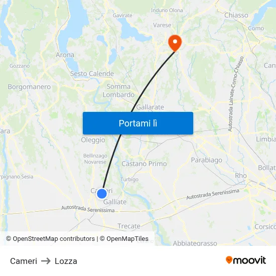 Cameri to Lozza map