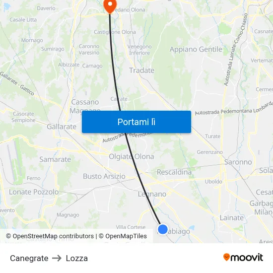 Canegrate to Lozza map