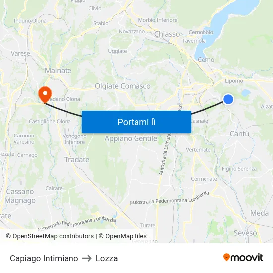 Capiago Intimiano to Lozza map