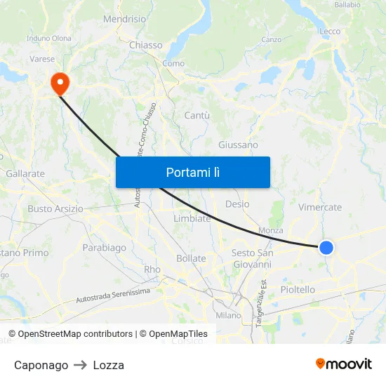 Caponago to Lozza map