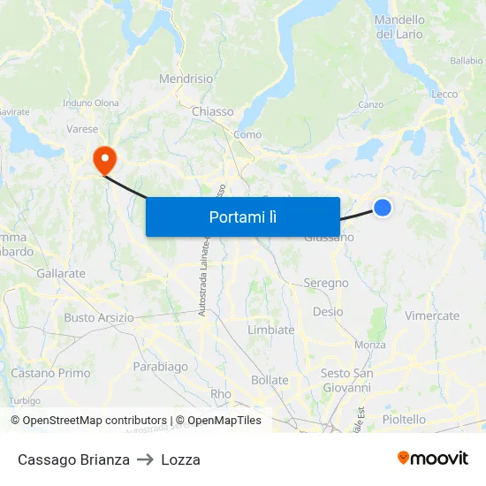 Cassago Brianza to Lozza map