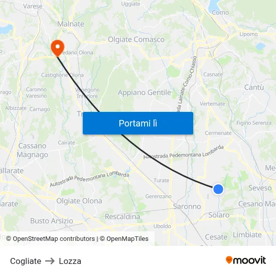 Cogliate to Lozza map
