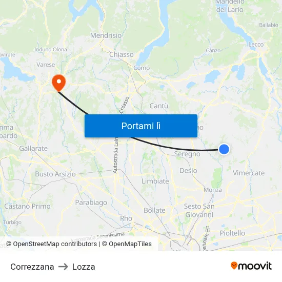 Correzzana to Lozza map