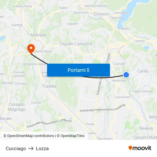 Cucciago to Lozza map