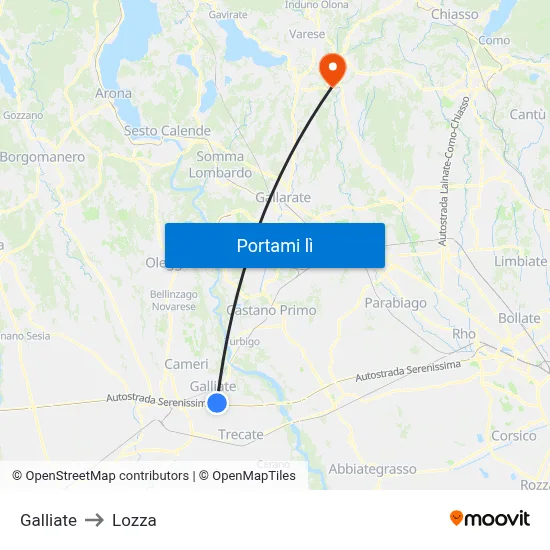 Galliate to Lozza map