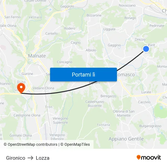 Gironico to Lozza map