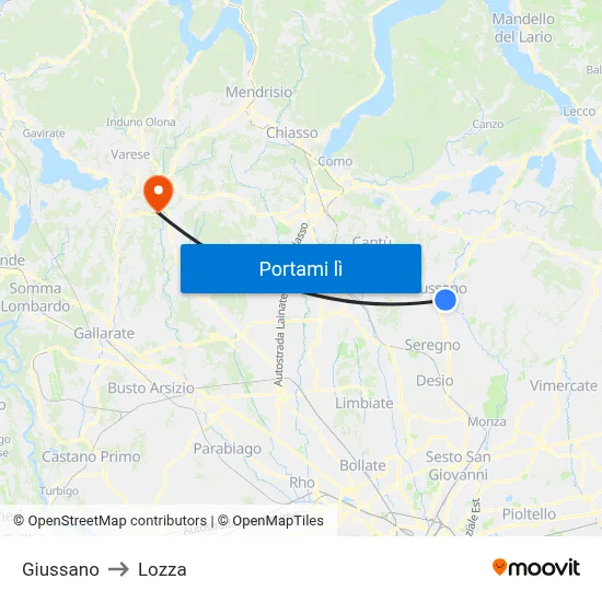 Giussano to Lozza map