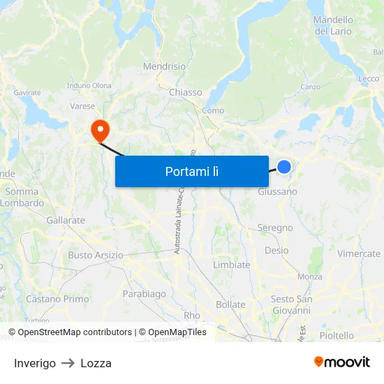Inverigo to Lozza map
