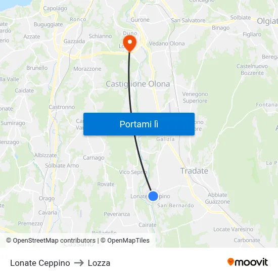 Lonate Ceppino to Lozza map