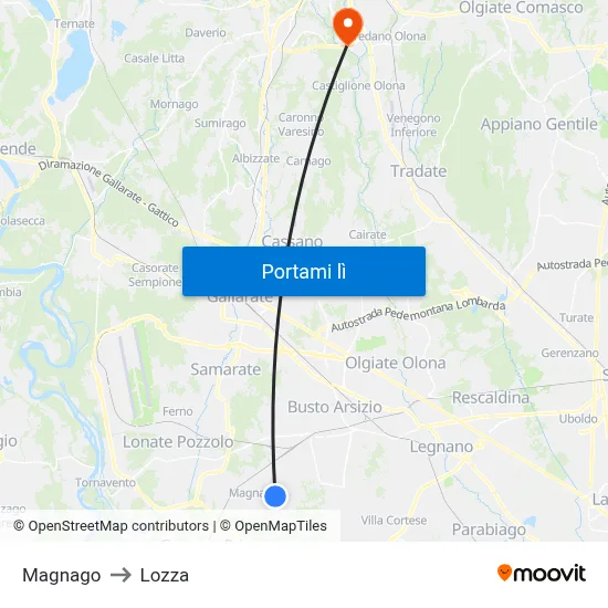 Magnago to Lozza map