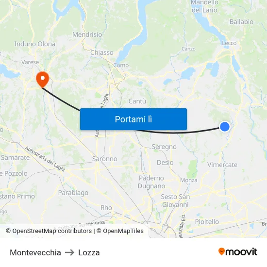 Montevecchia to Lozza map