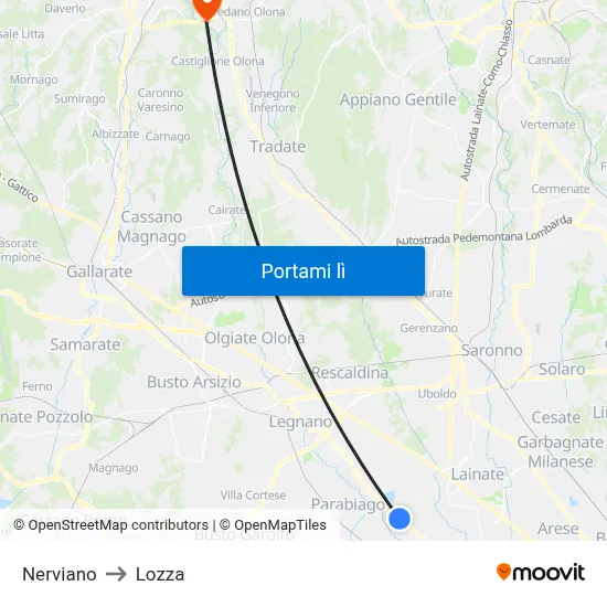 Nerviano to Lozza map