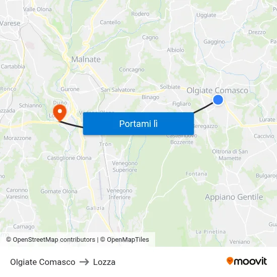 Olgiate Comasco to Lozza map