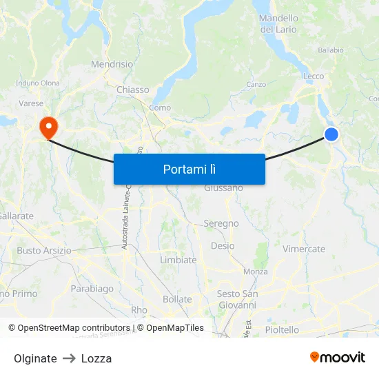 Olginate to Lozza map