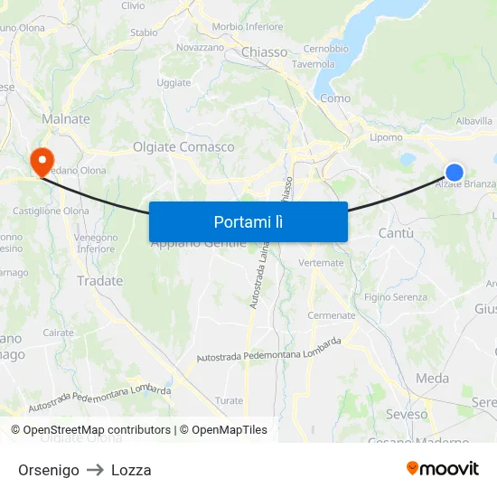 Orsenigo to Lozza map