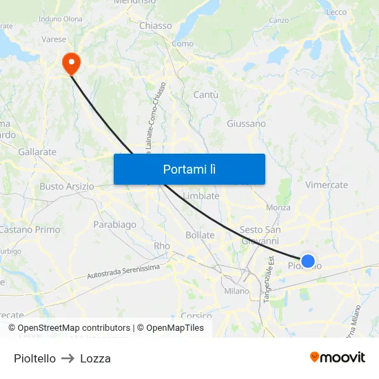 Pioltello to Lozza map