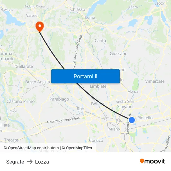 Segrate to Lozza map