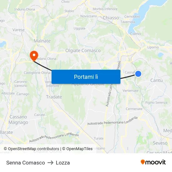 Senna Comasco to Lozza map